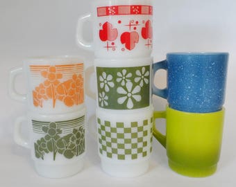 Fire King Anchor Hocking lot of 7 mugs orange, green, blue and red