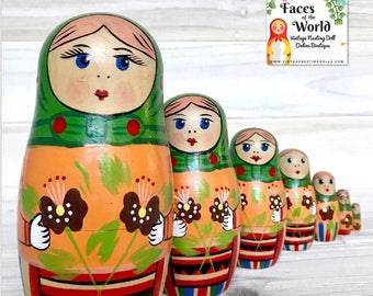 Unique Nesting Dolls, Orange Floral Matryoshka Dolls, Russian Dolls, Wooden Kitschy Figurines. Green Babushka Set.