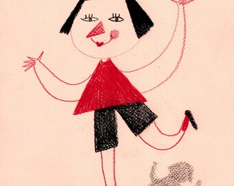 Standing on One Leg / ORIGINAL ILLUSTRATION / Children illustration / Red dreww / Funny characters / Red nose / Waving around