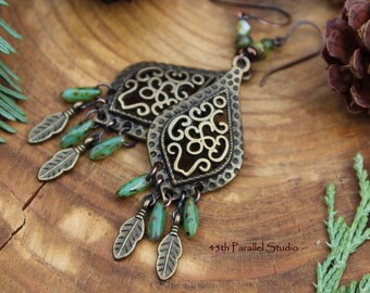 Bronze Tribal Earrings, Tribal Jewelry, Boho Earrings, Boho Jewelry, Czech Glass Earrings, Bronze Earrings, Ethnic Earrings, Hippie Jewelry