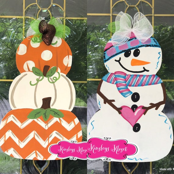 Reversible Stacked Pumpkin Door Hanger and Snowman-Fall Door