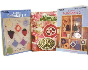 Three Vintage Potholder Design Booklets | Retro Crocheted Pot Holders Instructions