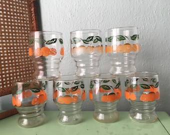 Vintage set of 7 Anchorhocking Orange Juice Glasses/ OJ Breakfast Glassware