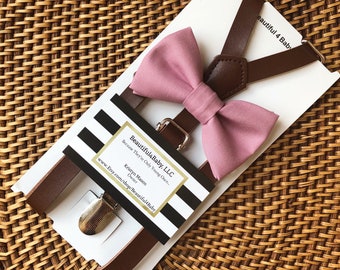 Dusty Rose Bow Tie, Mauve Toddler Bow Tie, Leather Suspenders, Dusty Rose Bow Tie and Leather Suspender Set- 6 Months to 5 Years Old