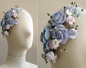 Blue Fascinator Hat - Flower milinerry hair clip - Serenity Blue & Rose Quartz - Made of mulberry paper flowers - Great for wedding parties