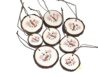 Snowman Face Ornaments From Wood Slices With Bark Edge