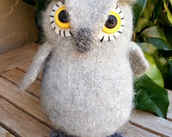 Gray Fuzzy Owl--Hand knit and Felted
