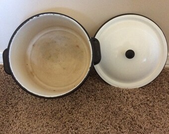 Vintage White enamelware pot with lid