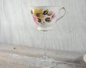 Tea cup wine glass, teacup wine glass, wedding wine glass, unique wine glass, cottage chic, repurposed, upcycled