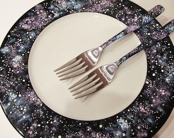 Wedding forks and plate Galaxy Wedding Fork Set Wedding Cake Accessories Bride Forks Hand Painted Wedding Set Forks and Plate Galaxy Wedding