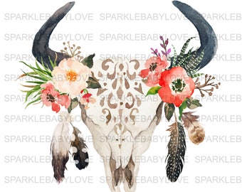 Tribal Skull with Feathers Decal, Car Decal, Yeti Decal, Tumbler Decal,Bull Skull DecalSteer Feather Decal, cow skull