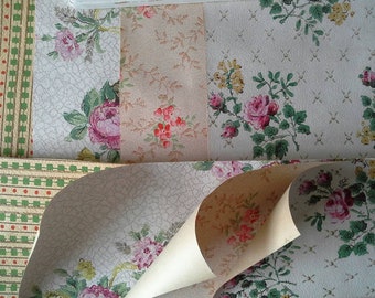 Antique rose vintage wallpaper scrap pack 8 A4 sheets 4 designs. Pink green granny chic