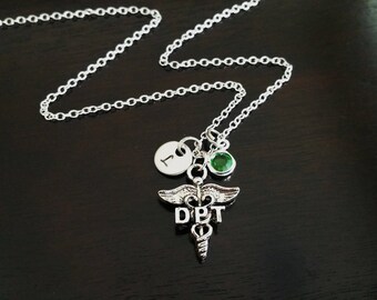 DPT Doctor of Physical Therapy Handstamped Personalized Crystal Birthstone Initial Necklace