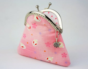 Coin Purse - Sakura & Rabbit Bunny in Sweet Pink - Cotton Fabric with Metal Frame