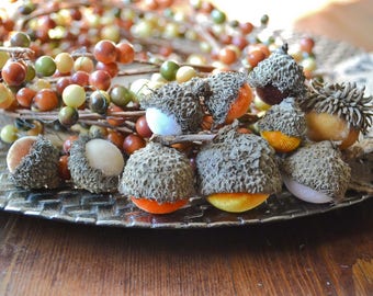 Silk Velvet Acorns in Candy Corn Colors, Set of 10, Thanksgiving, Fall Decor, Table Centerpiece, Real Acorn Caps