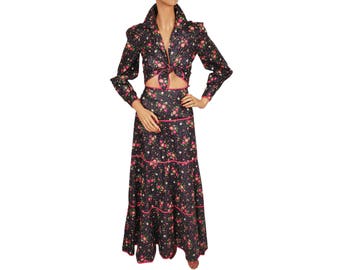 Vintage 1970s Maxi Skirt and Top - Midriff Baring Blouse - Gypsy - Hippie Style XS