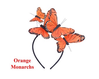 The Mariposa - Orange, Yellow, or Gold Monarch Feather Butterfly Headband Fascinator Hat Hatinator Headdress Festival Garden Burning Man