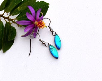 177 Small dichroic fused glass earrings wedge shape in light blue