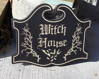 Witch House Sign | Wooden Carved Witchcraft Wicca Wiccan Gothic Home Decor Pagan Bats Salem Occult Halloween Decoration