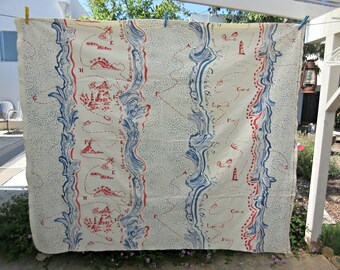 Vintage Fabric, Robert Le Heros Fabric, French Home Dec Fabric, Home Decor Fabric, Nautical Print, Retour aux les Iles de Chevre, Nobiles