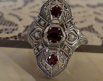 Art Deco design Sterling Silver Garnet & Seed Pearl Ring Size 8.75