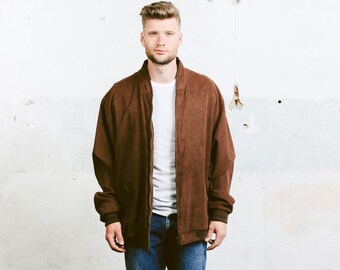 Dark Brown Bomber Jacket . Mens Suede Jacket 90s Grunge Coat Zip Up Flight Aviator Outerwear Oversized Jacket . size Extra Large XL