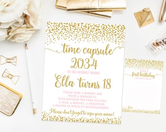 Time capsule first birthday sign with cards, confetti birthday party, pink and gold first birthday, gold sparkles, printable print No. 004