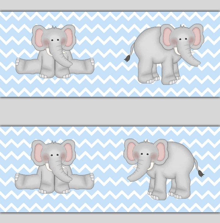 ELEPHANT CHEVRON BORDER Nursery Decal Wall Art Blue Grey