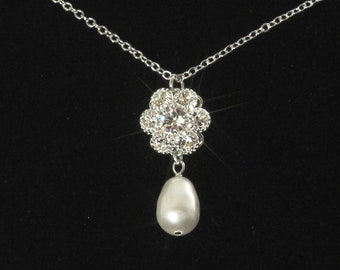 Crystal Bridal Necklace, Pearl Wedding Necklace, Rhinestone Bridal Jewelry, Silver, Pendant Necklace, Bridesmaid Necklace -- BELLA