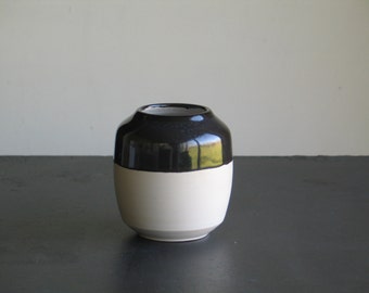 Ceramic vase. White stoneware black and white vase. Vase pottery 12.5 cm. Two-tone vase.
