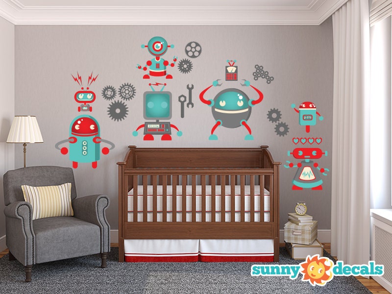 Robot Wall Decal Jumbo Nursery and Kids Rooms with Seven Large