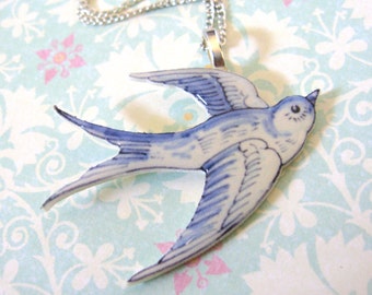 Faux Delf Blue China Swallow Bird Necklace