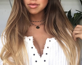 White Pearl Beaded Chain Bronze Cross Coin Layered Choker Necklace, Rosary Choker Necklace, Layered Choker necklace