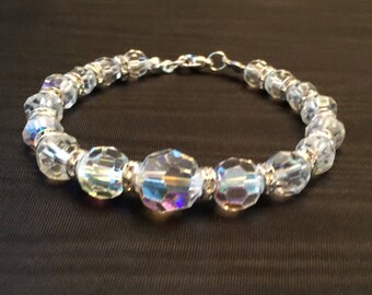 Clear Aurora Borealis Crystal And Rhinestone Bracelet Gold Tone