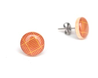 Orange Geometric Stud earrings, Hypoallergenic earrings, Gift for her