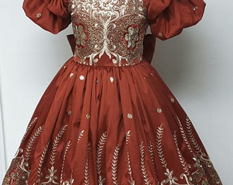 Elegant Embroidered Sequinned Silk Tafetta Off-Shoulder Victorian Girls Dress. Weddings, Birthday. Party. Nutcracker Ballet. Costumes.