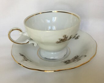Sepia Rose, Johann Haviland, Bavaria, Germany, China Teacup and Saucer