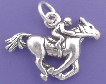 HORSE With JOCKEY Charm .925 Sterling Silver Horse Racing, Derby Pendant - lp2522