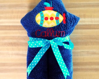 Boys Submarine Hooded Towel - Children's Towel, Hooded Towel, Submarine, Personalized, Kids Hooded Towel, Submarine Embroidered Towel