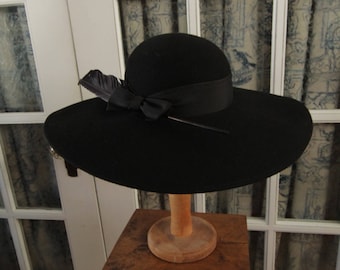 Vintage Black Felt Wide Brimmed Hat with Feathers