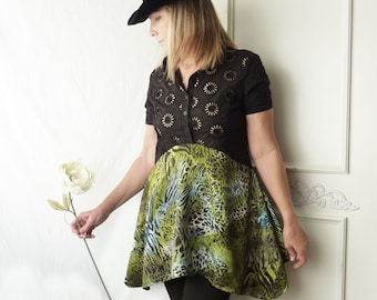 Upcycled recycled, black daisy, cutout eyelet top- Womens animal Print drape, size small to medium, Boho summer tunic, FREE SHIPPING