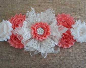 Girl Maternity Sash, Ivory/Coral Lace Flower Sash, Creme/Coral Maternity Sash, Lace/Satin Belly Sash, Pregnancy Sash, Maternity Photo Prop