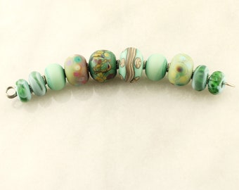 Lampwork Beads Set Organic, Etched Matte Glass, Rustic, Turquoise, Aqua, Teal, Green, Blue