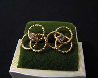 Vintage Gold Tone and Diamond Rhinestone Round Swirled Pierced Earrings