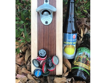Dark Walnut and Maple Wall Mount Bottle Opener With Magnetic Cap Catcher