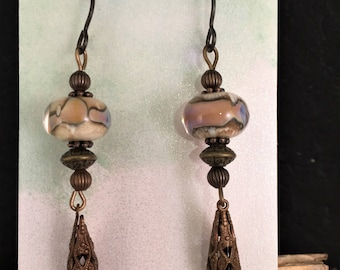 Earrings, glass, beads, lampwork, bronze, Vintaj, dangle earrings, purple, ivory, original, handmade, gift, Sassy Shack Designs,