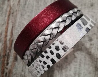 BRACELET CUFF LEATHER white gray and burgundy