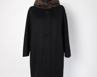 Vintage 60s Black Wool Brown Mink Fur Coat - Size M L