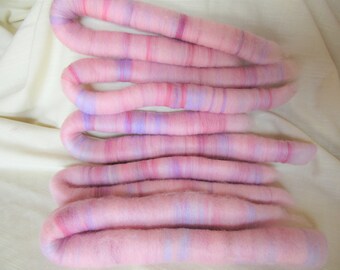 2.0 oz Handcrafted Alpaca Rolags - 1.4 oz Alpaca Hand Dyed Pink, blended w/.6 oz Merino Hand Dyed Burgundy, Pinks & Purples