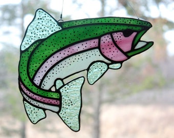 Stained Glass Rainbow Trout, Gifts for Men, Wildlife Art, Glass Art, Stained Glass Fish